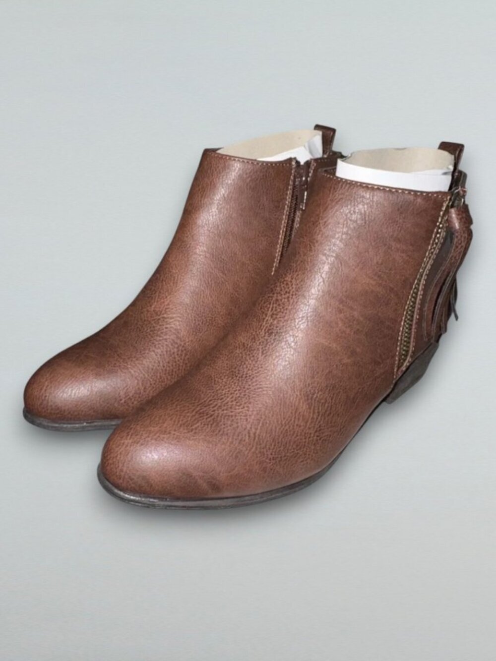 Brown Ankle Booties Tassel Side Zip Low Block Heel Textured US 6.5